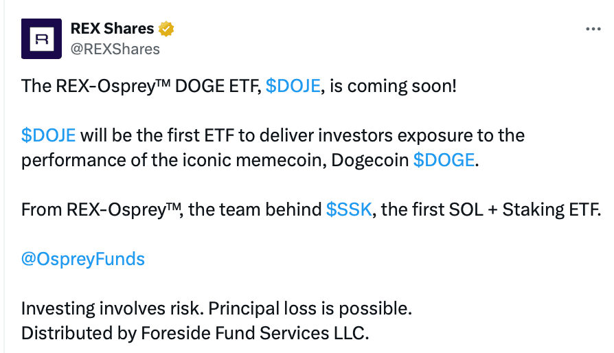 درخواست REX Shares برای ETF دوج کوین