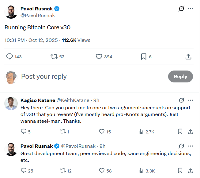 حمایت روسناک از نسخه جدید Bitcoin Core