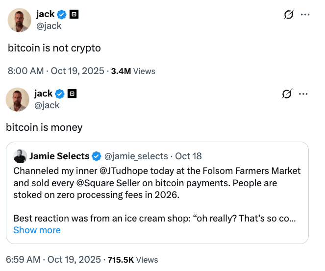 توییت‌های اخیر جک دورسی در مورد بیت کوین
