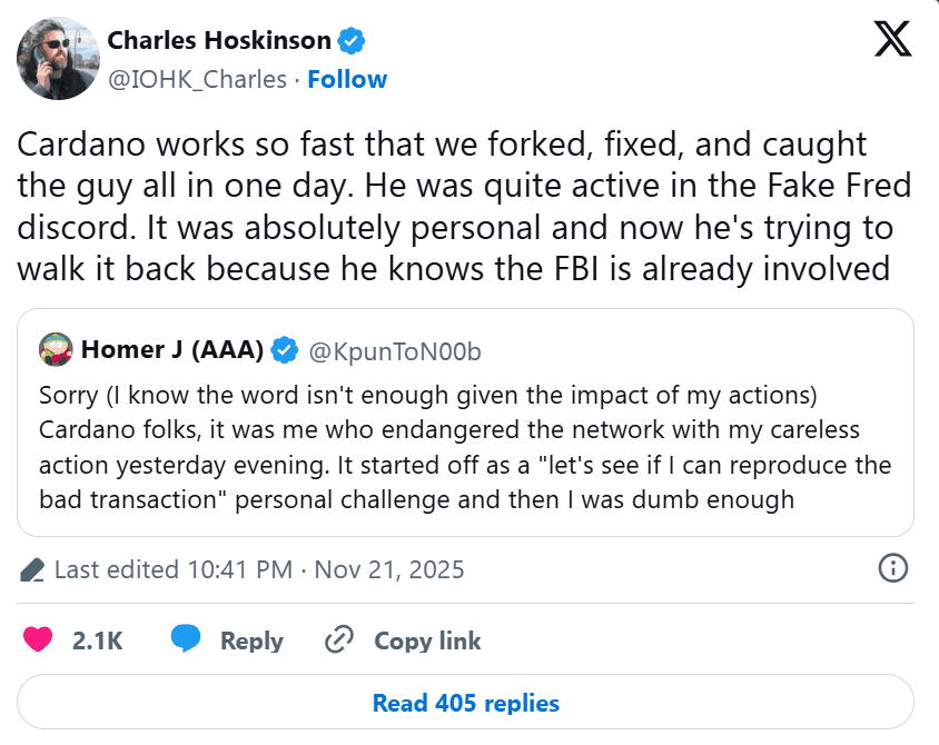 پست چارلز هاسکینسون در جواب پست مهاجم