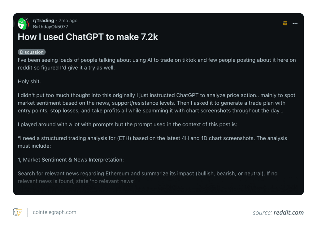 یک کاربر Reddit از ChatGPT برای برنامه‌ریزی معاملات خود استفاده کرد و در نهایت ۷,۲۰۰ دلار سود کرد.