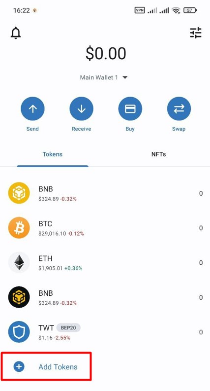 روی Add Tokens کلیک کنید