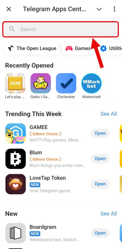 نوار جست‌وجو در Telegram Apps Center