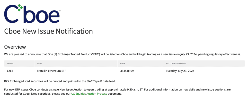 اطلاعیه جدید Cboe درباره ETF اسپات اتریوم شرکت فرانکلین تمپلتون