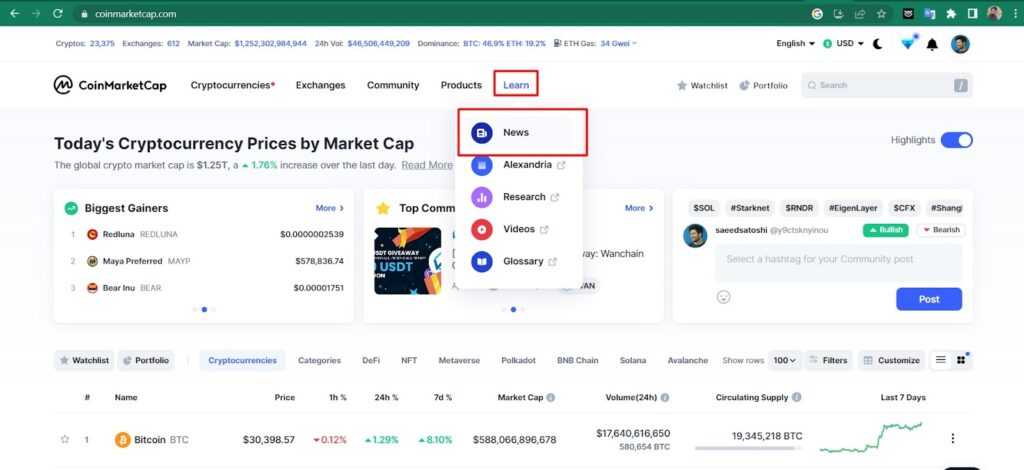 مشاهده اخبار در کوین مارکت کپ