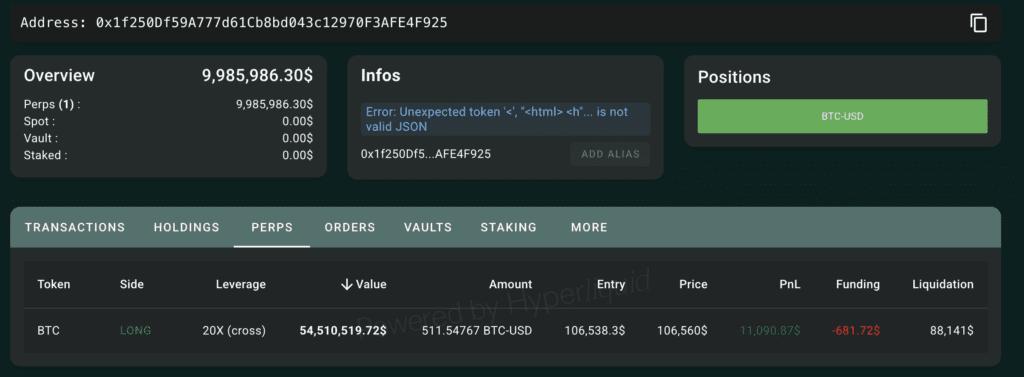 پوزیشن لانگ کیف پول  «0x1f25» روی بیت کوین