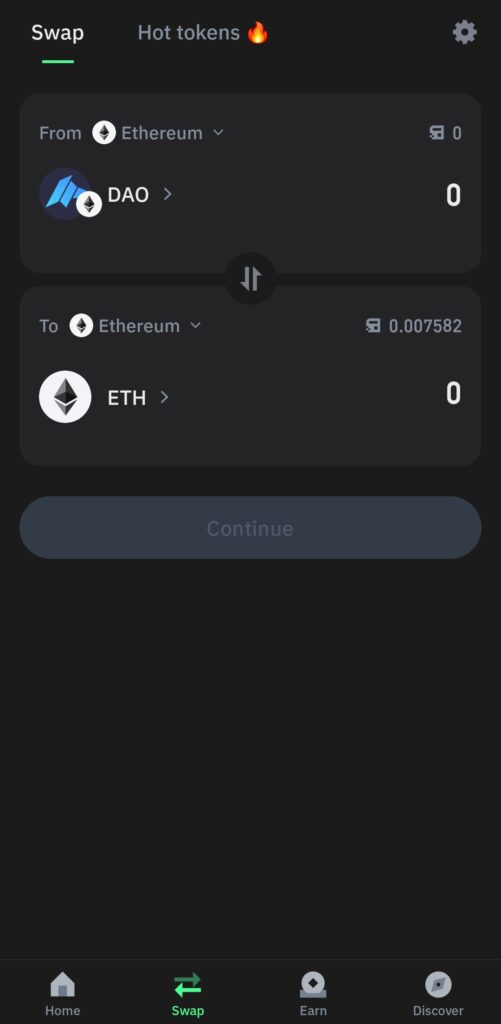 صفحه Swap در کیف پول تراست ولت.