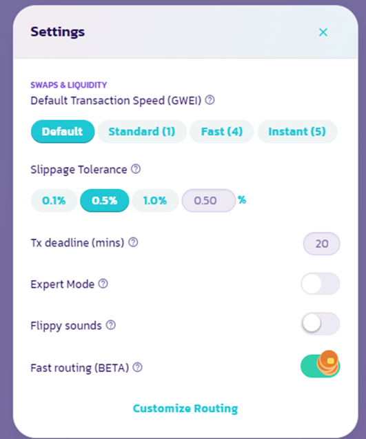 تنظیمات سواپ توکن‌ها در پنکیک سواپ