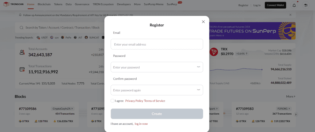 نحوه ایجاد حساب کاربری در ترون اسکن