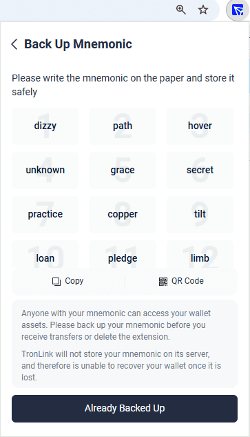 ذخیره عبارت بازیابی ترون لینک