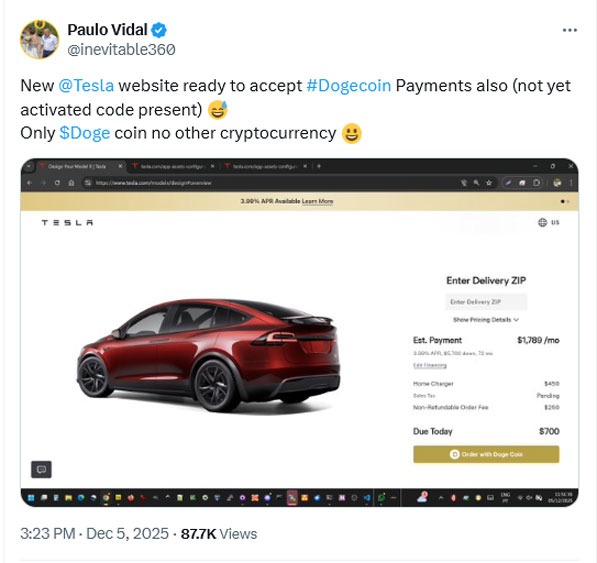اضافه شدن کد خرید با دوج کوین در سایت تسلا