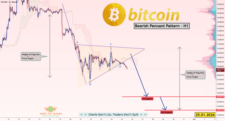 نمودار تحلیل بیت کوین — BTC/USDT – بیت کوین H1 | الگوی ادامه روند، سیگنال ریزش میده
